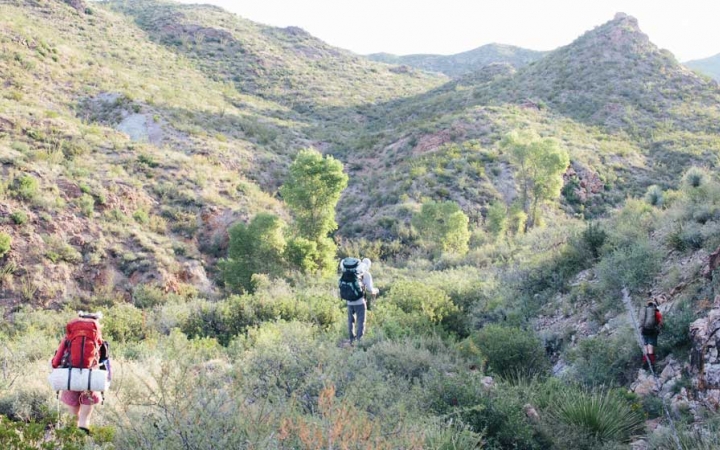 two people carrying backpacks hike into a green valley in big bend texas